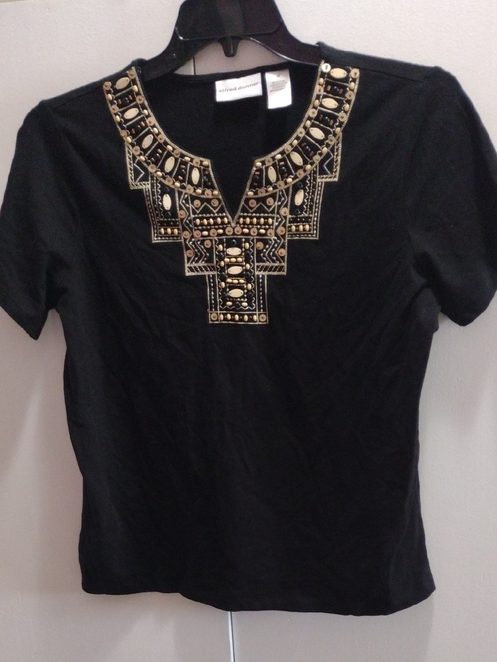 Alfred Dunner Black Short Sleeve Top with Gold Embellished Neckline NWT Medium